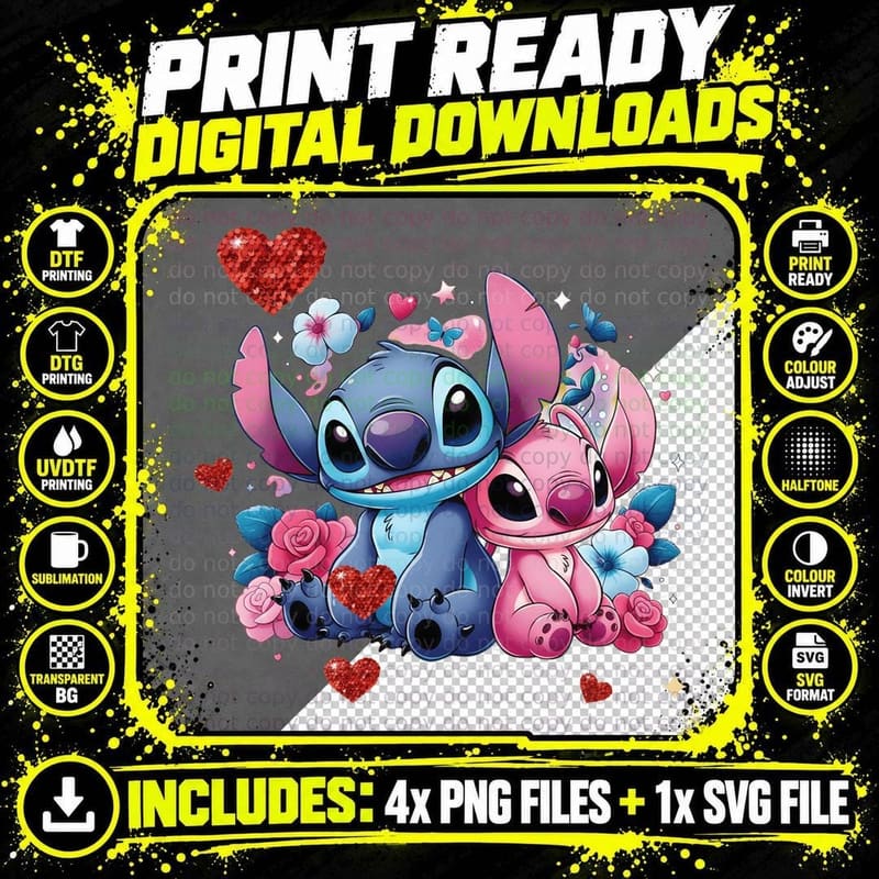 Stitch and Angel Flower Hearts Emotion T-Shirt Png SVG Digital Bundle