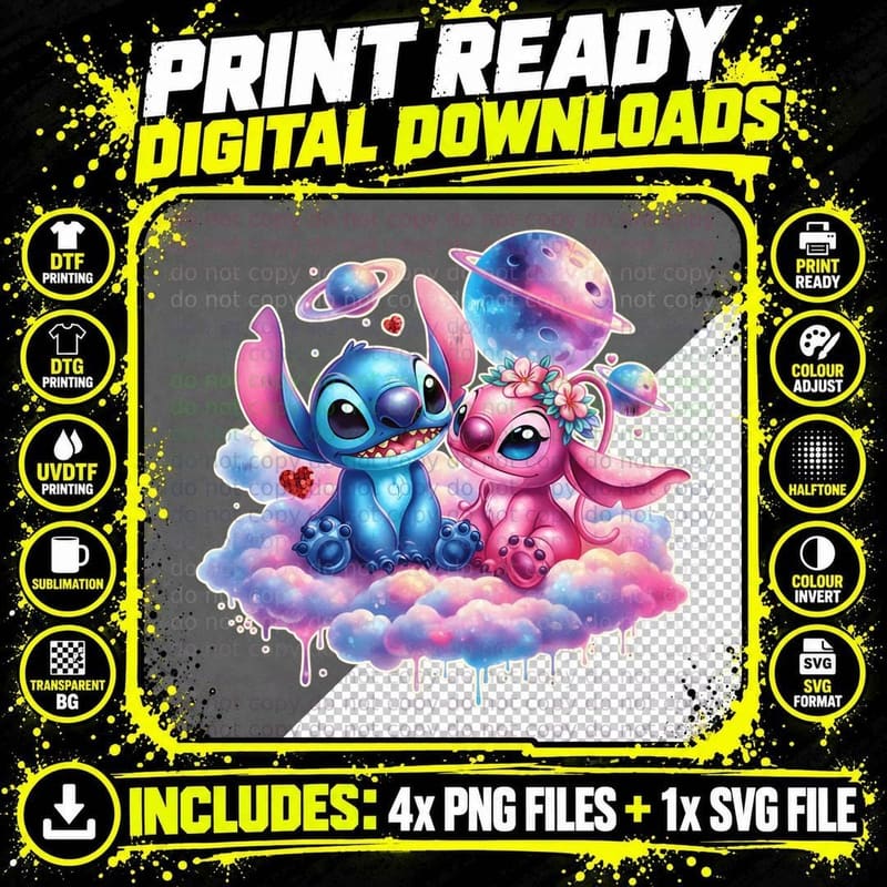 Stitch and Angel Galaxy Planets Drip T-Shirt Png SVG Digital Bundle