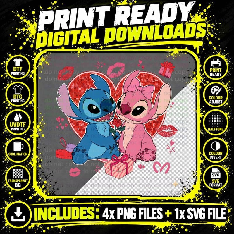 Stitch and Angel Gift Hearts Red Pink Theme T-Shirt Png SVG Digital Bundle