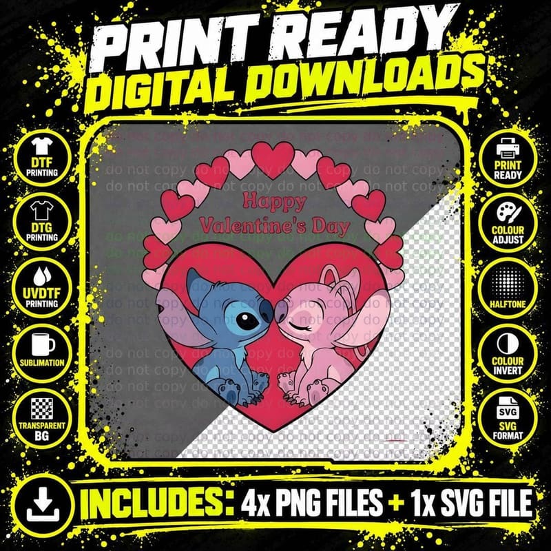 Stitch and Angel Happy Valentine's Day Hearts Pink Png SVG Digital Bundle
