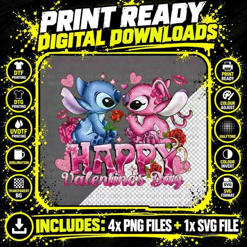 Stitch and Angel Happy Valentine's Day Wings Hearts Png SVG Digital Bundle