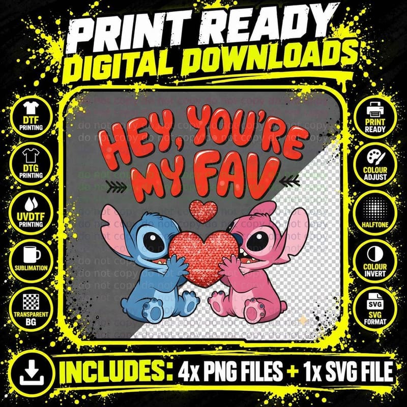Stitch and Angel Hey You're My Fav Holding Red Heart Png SVG Digital Bundle