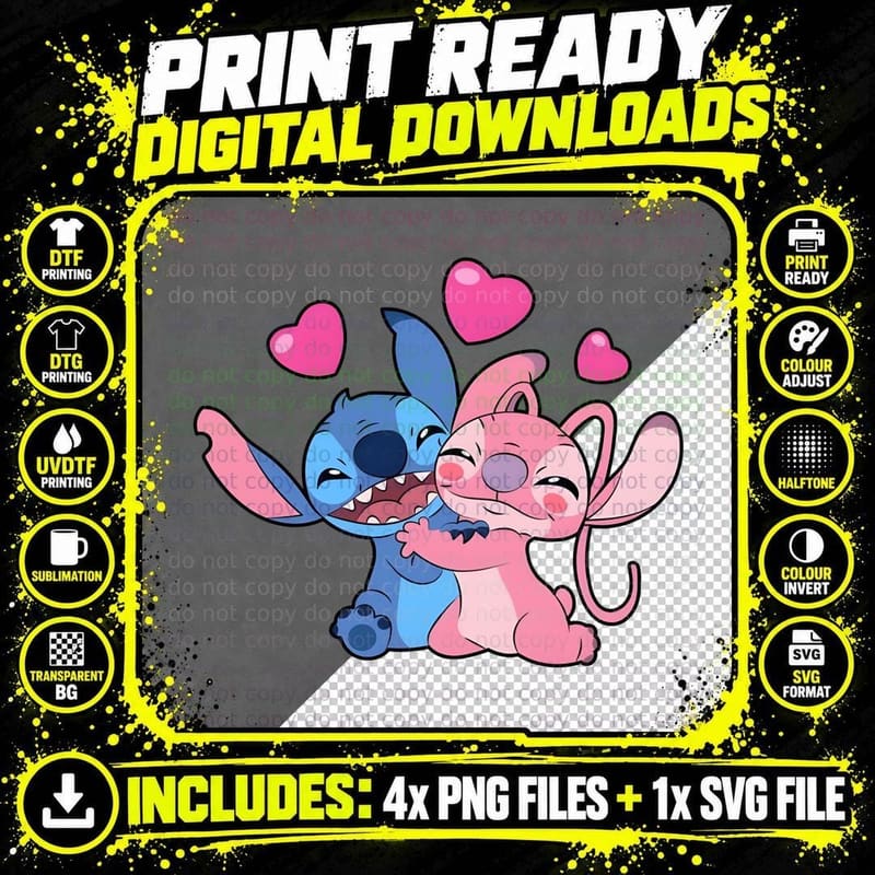Stitch and Angel Hugging Emotion Kiss T-Shirt Png SVG Digital Bundle