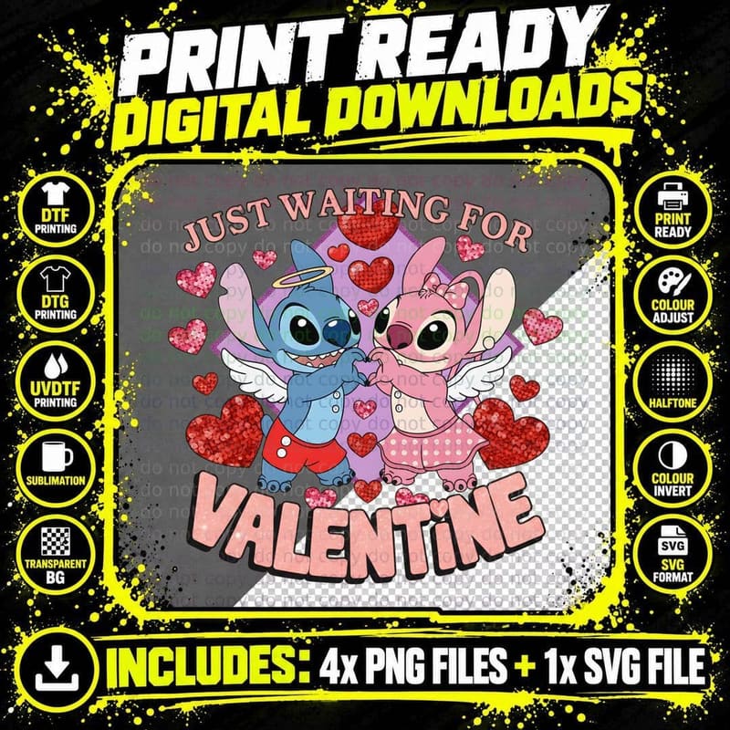 Stitch and Angel Just Waiting for Valentine Wings Hearts Png SVG Digital Bundle