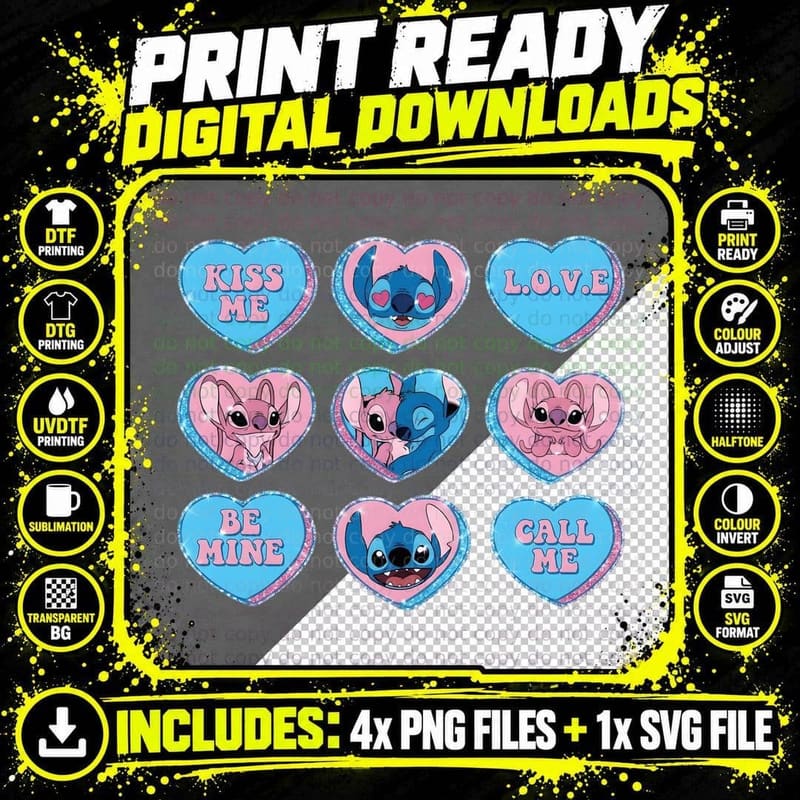 Stitch and Angel Kiss Me L.o.ve Be Mine Call Png SVG Digital Bundle