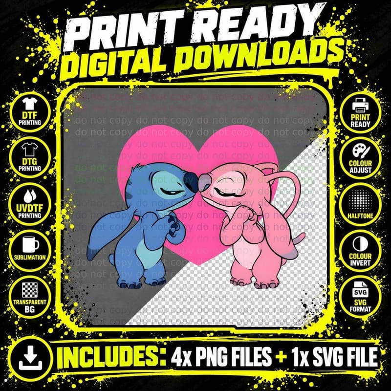 Stitch and Angel Kissing Large Heart T-Shirt Png SVG Digital Bundle