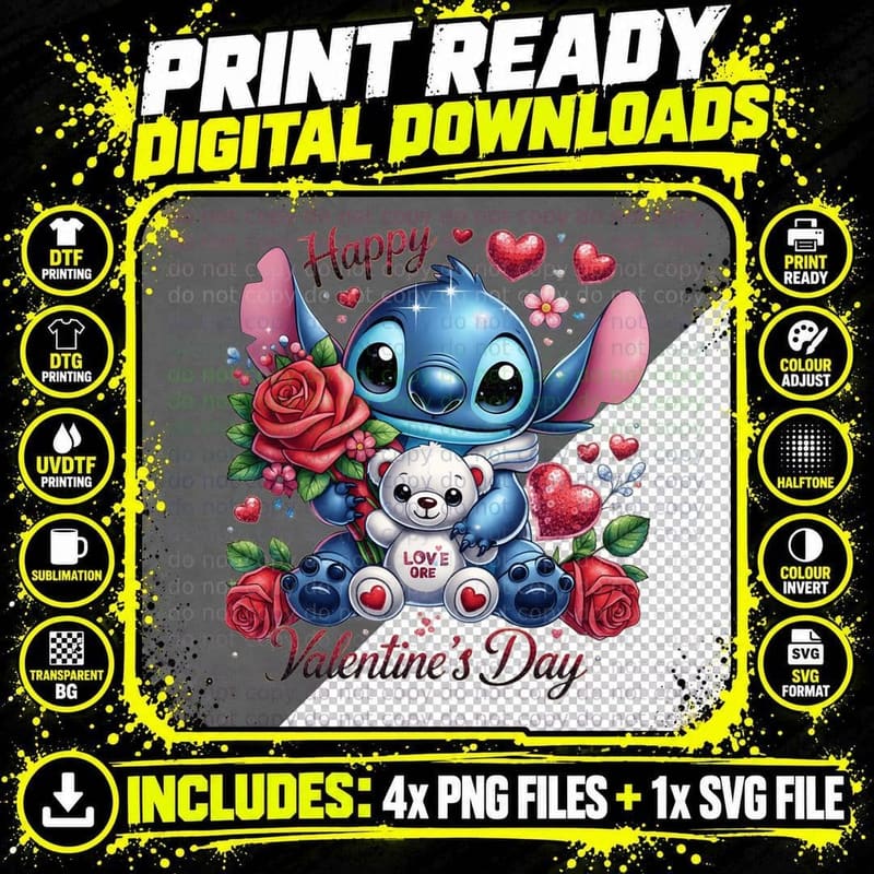 Stitch and Angel Love Ore Valentine's Day Teddy Bear Png SVG Digital Bundle