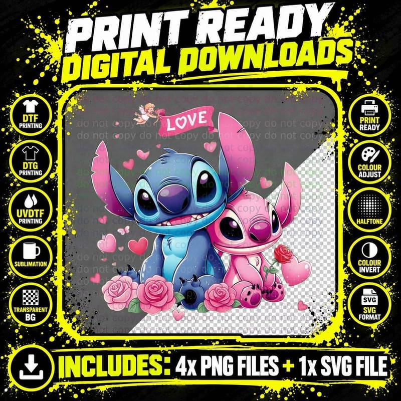 Stitch and Angel Love Pink Hearts Rose T-Shirt Png SVG Digital Bundle