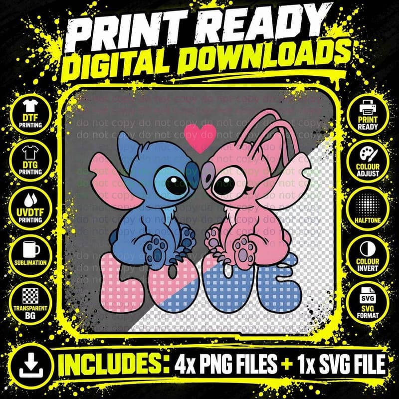 Stitch and Angel Love Polka Heart T-Shirt Png SVG Digital Bundle