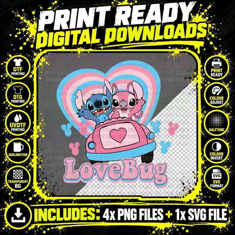 Stitch and Angel Lovebug Spaceship Heart Blue Pink Png SVG Digital Bundle