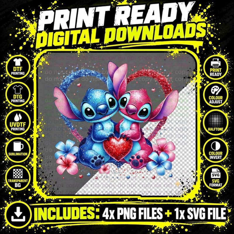 Stitch and Angel Magical Sparkle Flowers T-Shirt Png SVG Digital Bundle