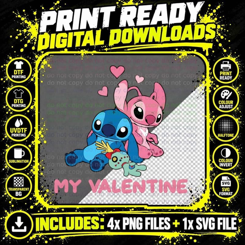 Stitch and Angel My Valentine Toy Dinosaur T-Shirt Png SVG Digital Bundle