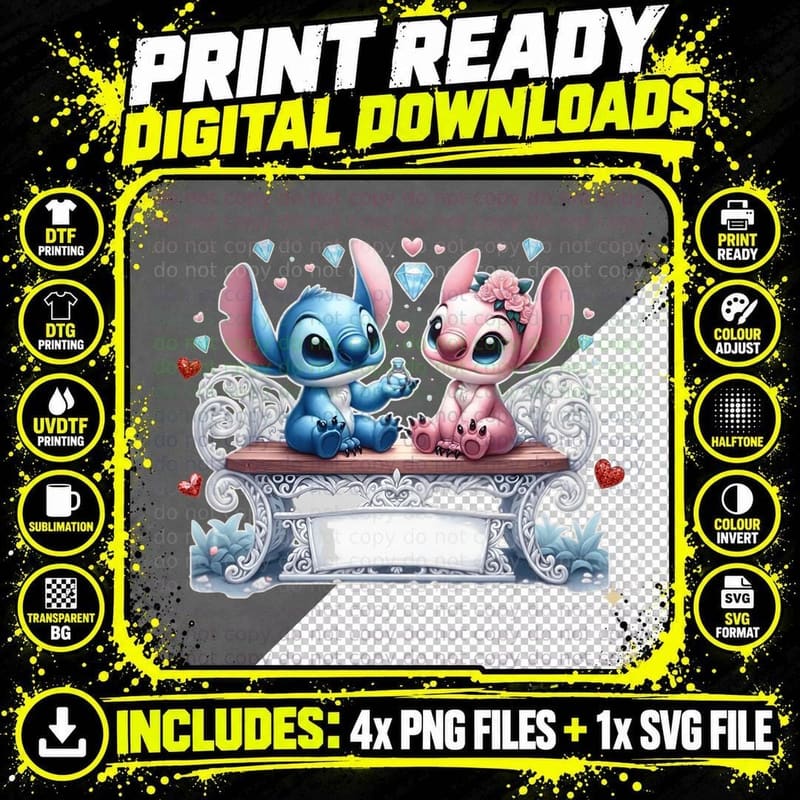 Stitch and Angel Ornate Bench Jeweled T-Shirt Png SVG Digital Bundle
