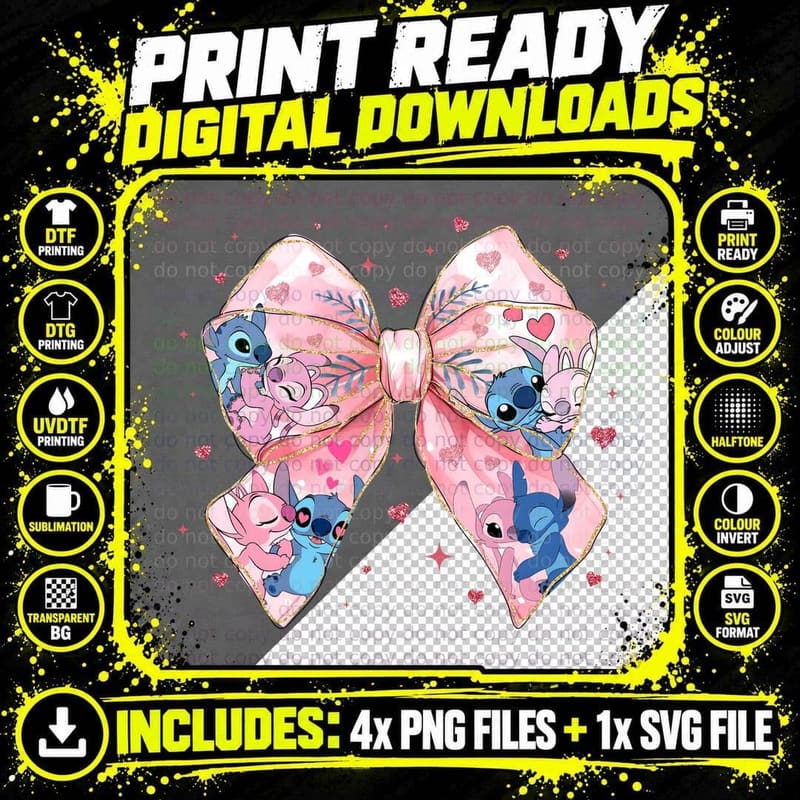 Stitch and Angel Pink Bow Little Character Cute T-Shirt Png SVG Digital Bundle