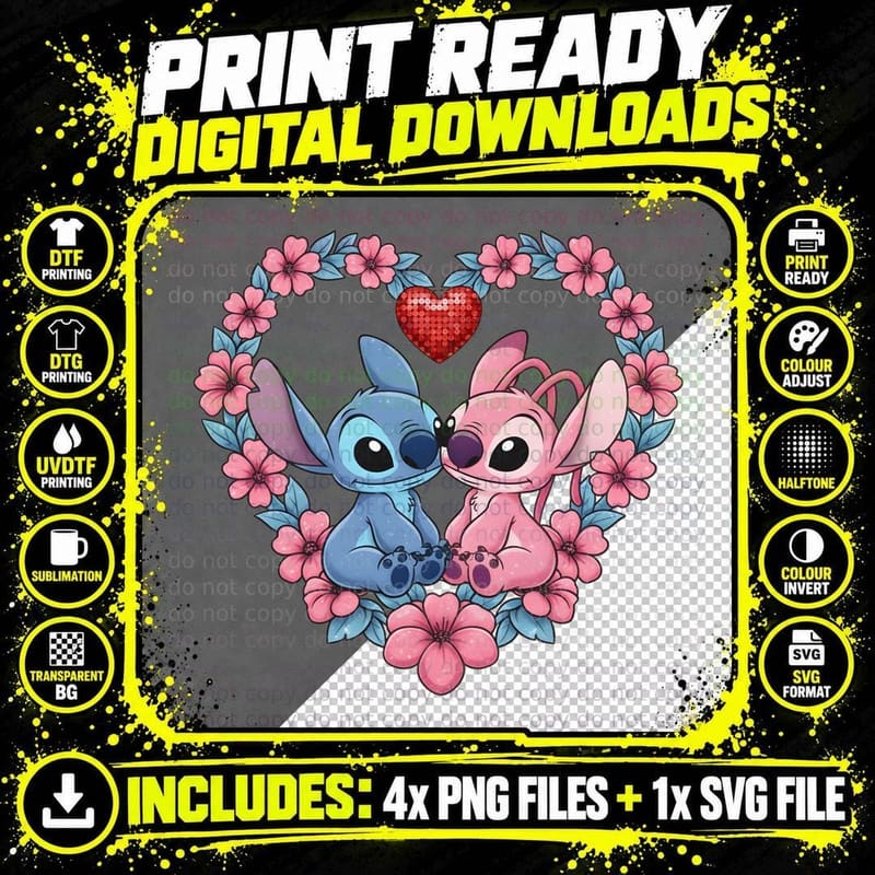 Stitch and Angel Pink Flowers Heart T-Shirt Png SVG Digital Bundle