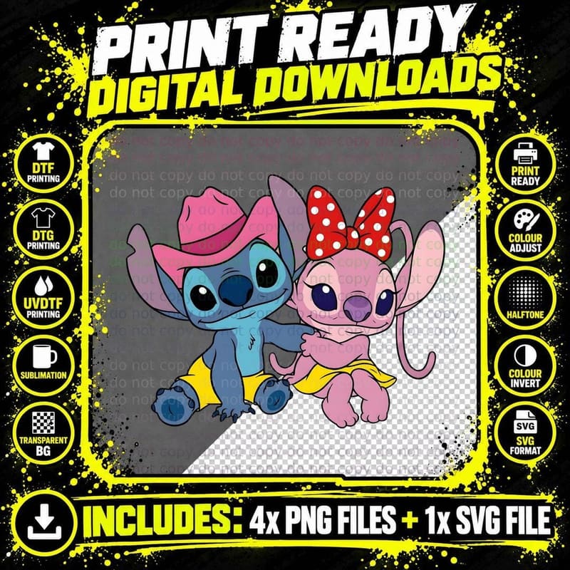 Stitch and Angel Polka Bow Romantic T-Shirt Png SVG Digital Bundle