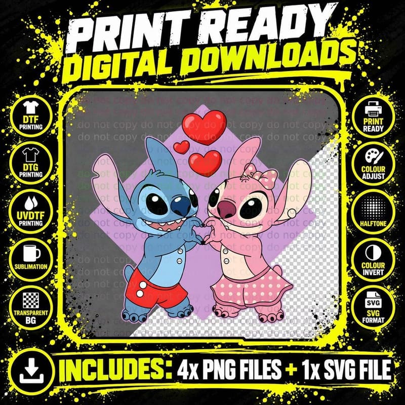 Stitch and Angel Purple Diamond Background Hearts T-Shirt Png SVG Digital Bundle