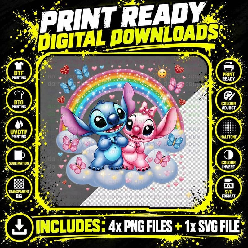 Stitch and Angel Rainbow Cloud Hearts T-Shirt Png SVG Digital Bundle