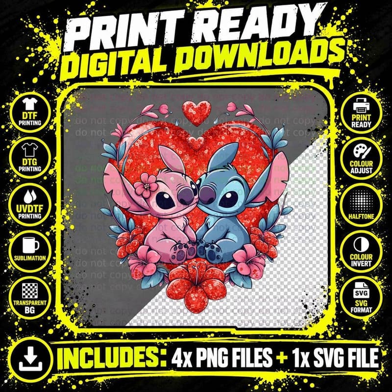 Stitch and Angel Red Heart Flower 02 T-Shirt Png SVG Digital Bundle