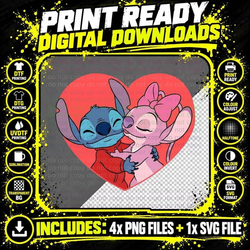 Stitch and Angel Red Heart Kiss T-Shirt Png SVG Digital Bundle