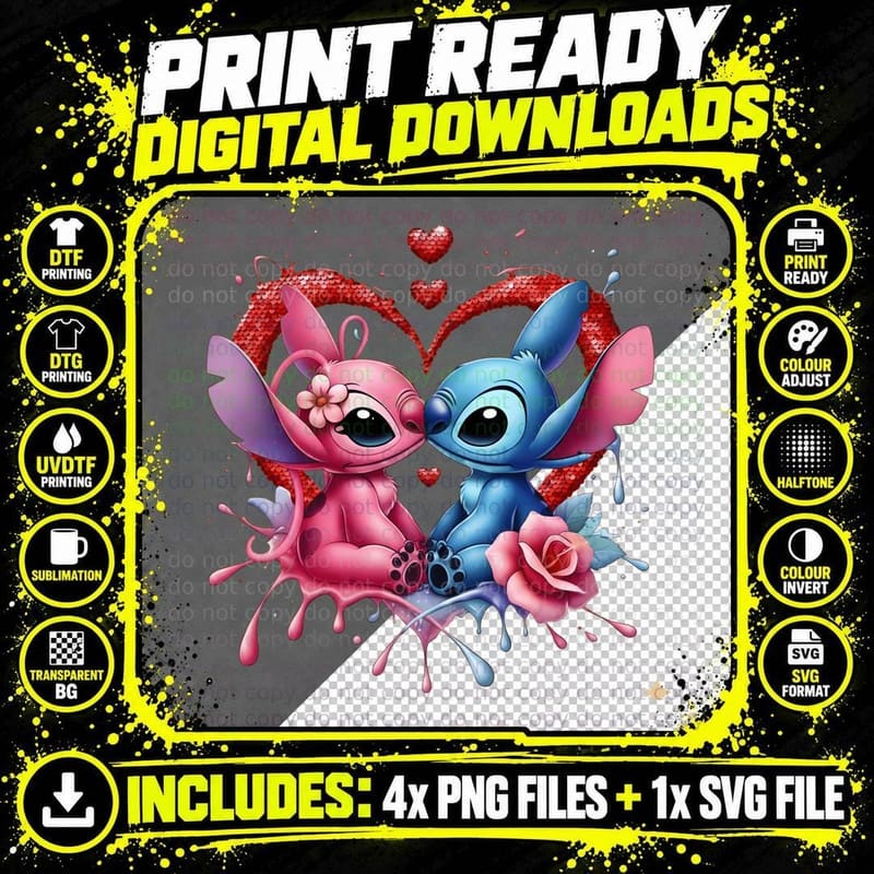 Stitch and Angel Red Splatter Heart T-Shirt Png SVG Digital Bundle