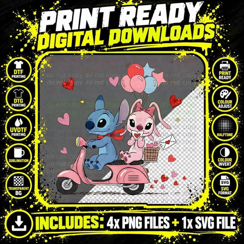 Stitch and Angel Scooter Romantic Hearts 02 T-Shirt Png SVG Digital Bundle