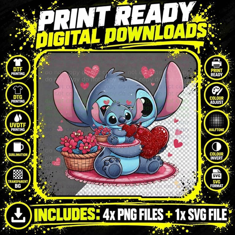 Stitch and Angel Scooter Romantic Hearts T-Shirt Png SVG Digital Bundle