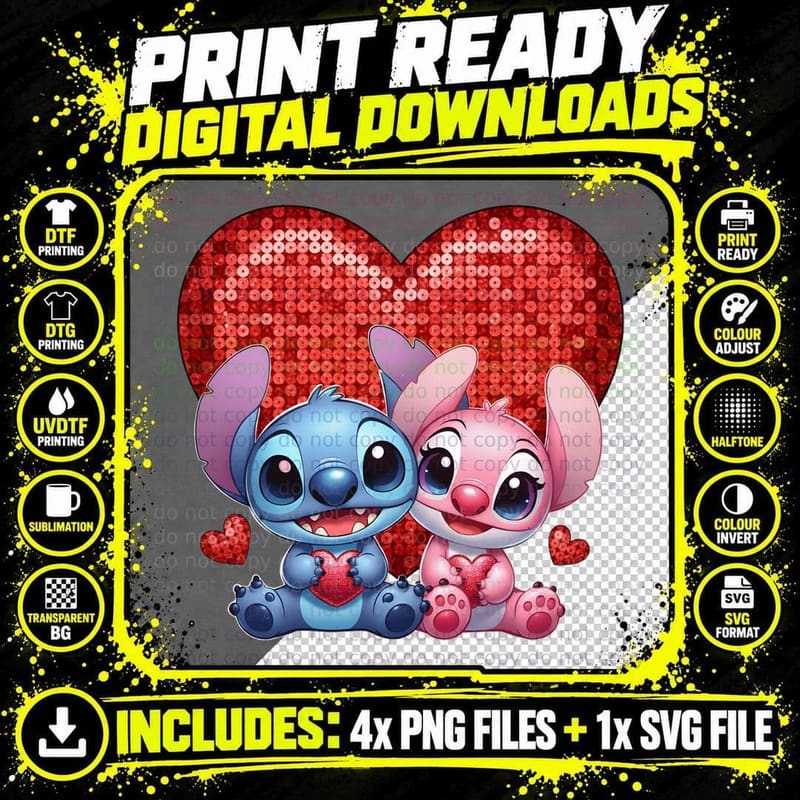 Stitch and Angel Sequin Red Heart T-Shirt Png SVG Digital Bundle