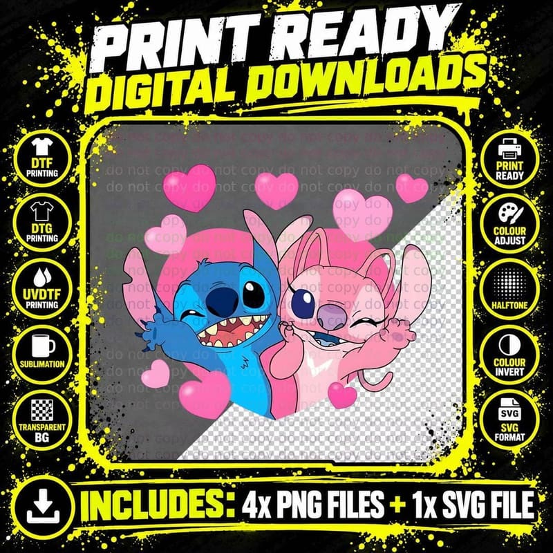 Stitch and Angel Smiling Together Hearts T-Shirt Png SVG Digital Bundle