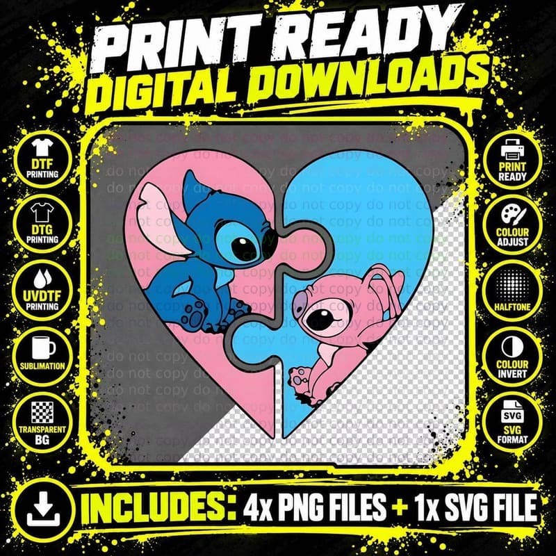 Stitch and Angel Split Heart Puzzle T-Shirt Png SVG Digital Bundle