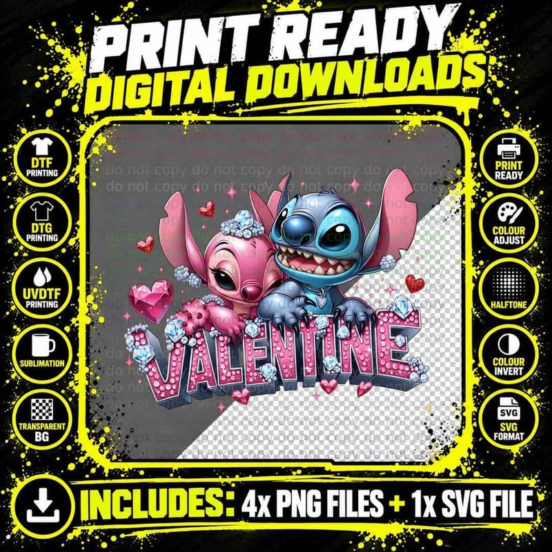 Stitch and Angel Valentine Diamante Hearts T-Shirt Png SVG Digital Bundle