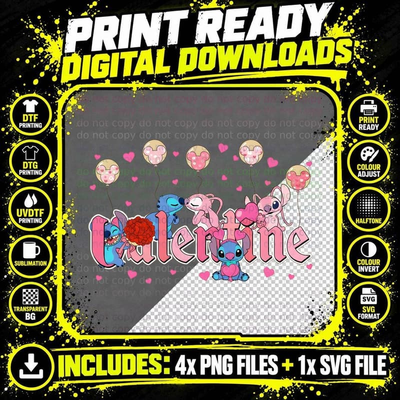 Stitch and Angel Valentine Pink Red Text T-Shirt Png SVG Digital Bundle