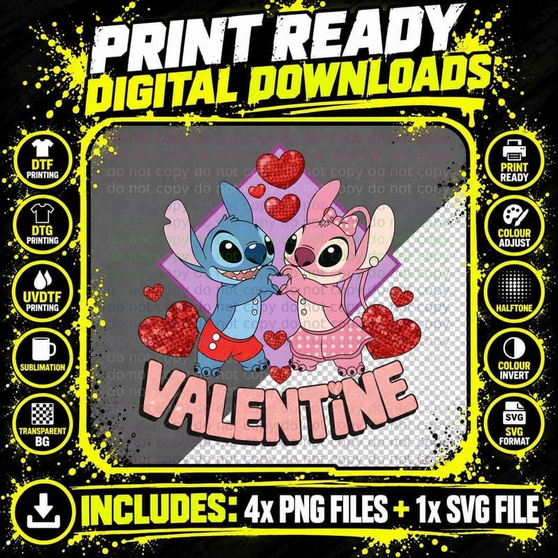 Stitch and Angel Valentine Red Glitter Hearts T-Shirt Png SVG Digital Bundle