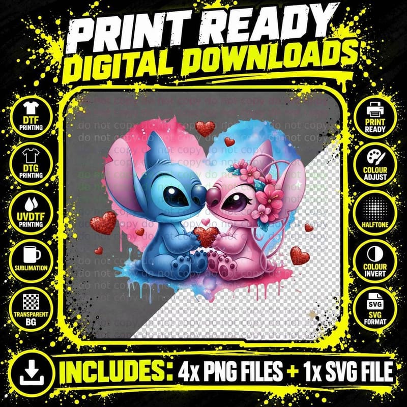 Stitch and Angel Watercolor Splatter Pink T-Shirt Png SVG Digital Bundle
