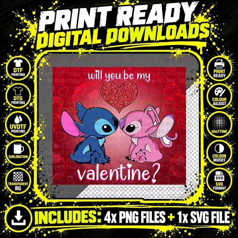 Stitch and Angel Will You Be My Valentine Blue Pink Png SVG Digital Bundle