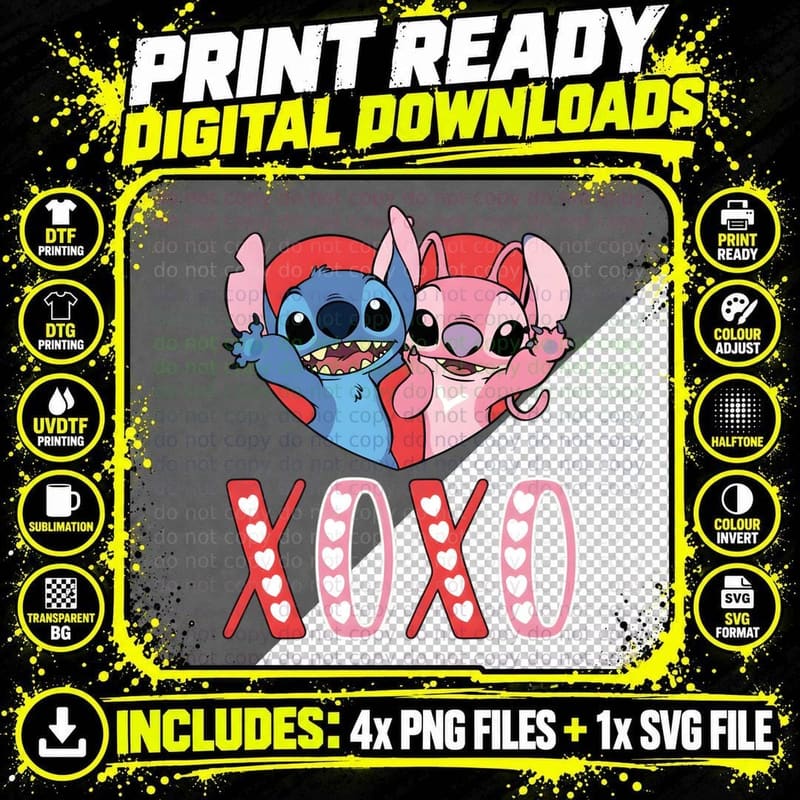 Stitch and Angel XOXO Blue Pink Hearts Red Text T-Shirt Png SVG Digital Bundle