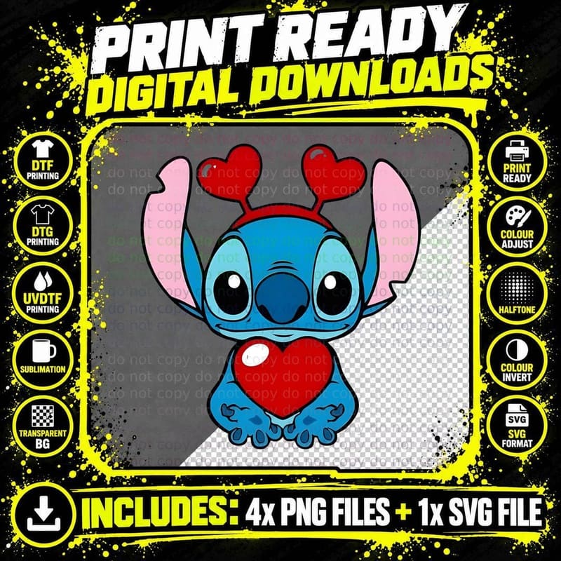 Stitch with Red Heart Antenna T-Shirt Png SVG Digital Bundle