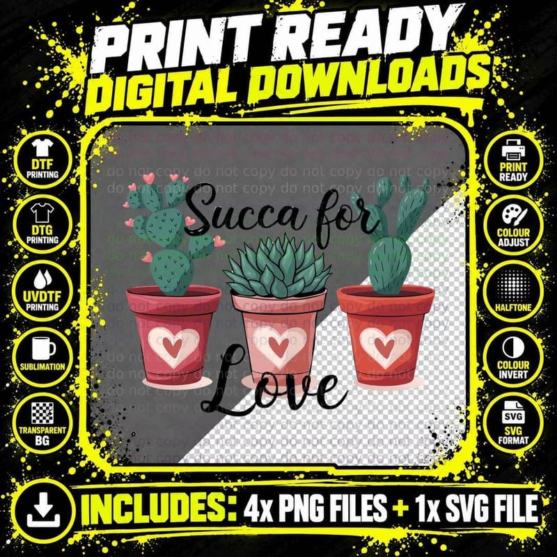 Succa for Love for Cacti in Pots with Hearts Plant Pun Png SVG Digital Bundle