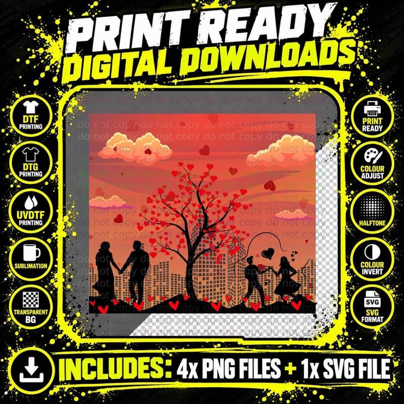Sunset Couple Red Orange Silhouette Romantic T-Shirt Png SVG Digital Bundle