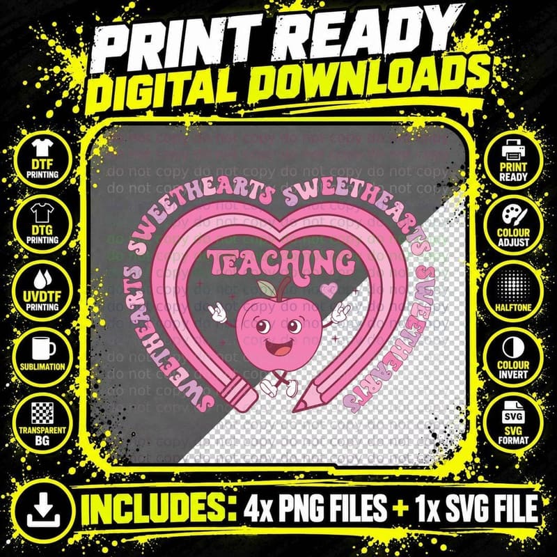 Sweethearts Teachers Teaching Pink Heart Outline Circle Png SVG Digital Bundle