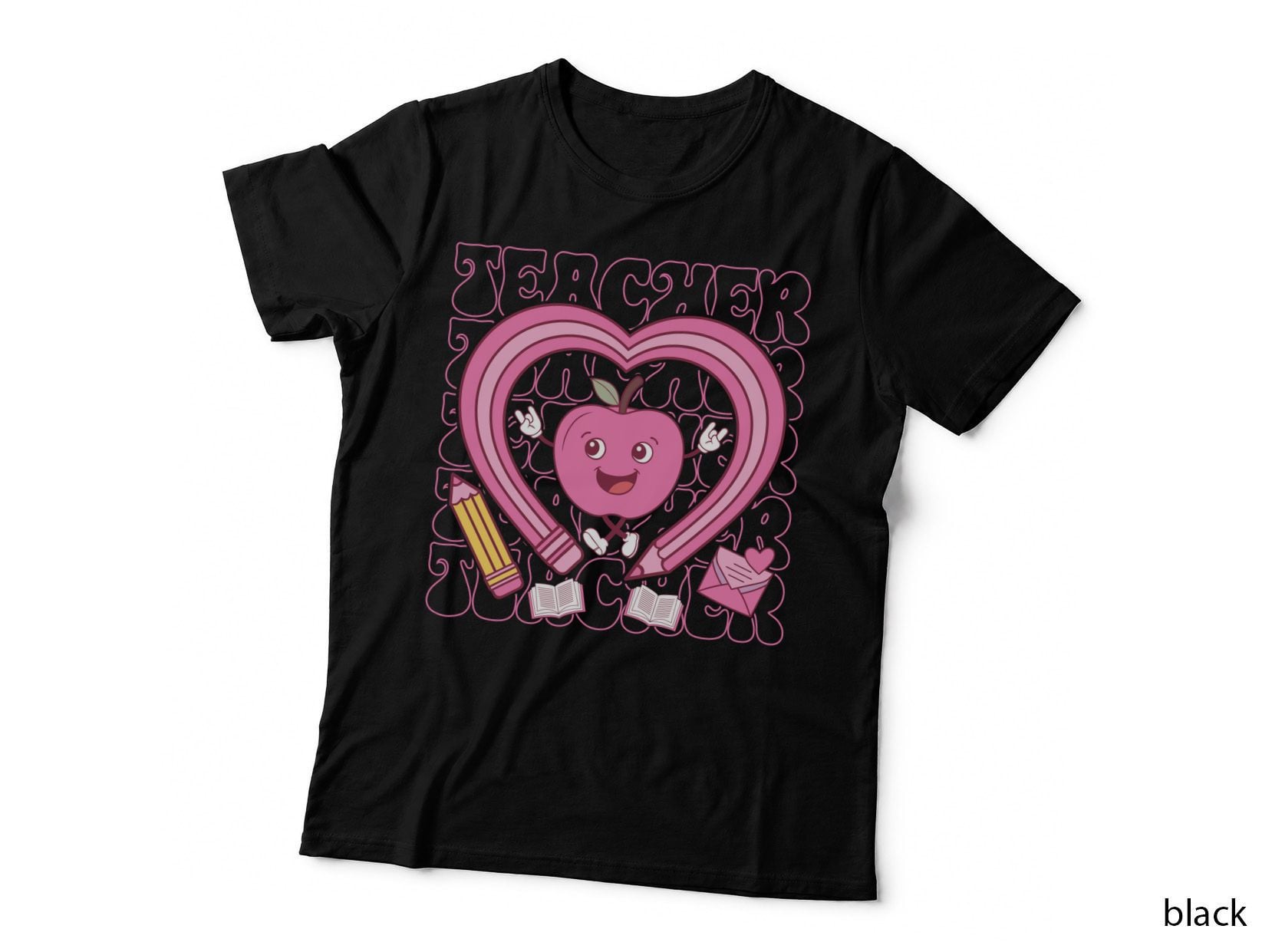 Teacher Repeating Pink Hearts Apple Pencil Books Valentine Heart T-Shirt