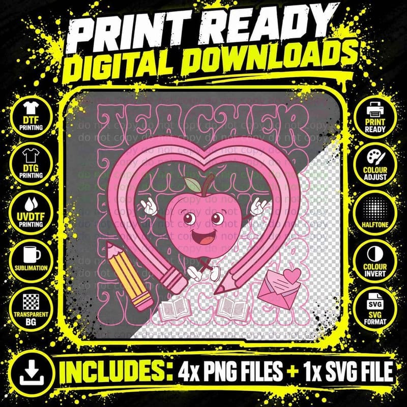 Teacher Repeating Pink Hearts Apple Pencil Books Png SVG Digital Bundle
