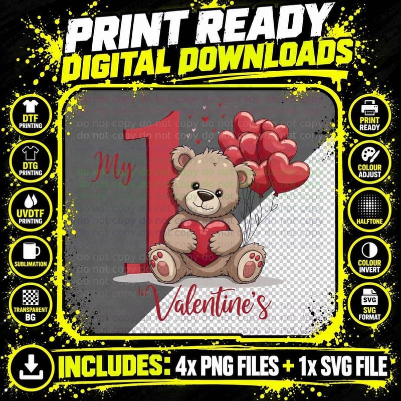 Teddy Bear My 1st Valentine's Brown Holding Red Hearts Png SVG Digital Bundle