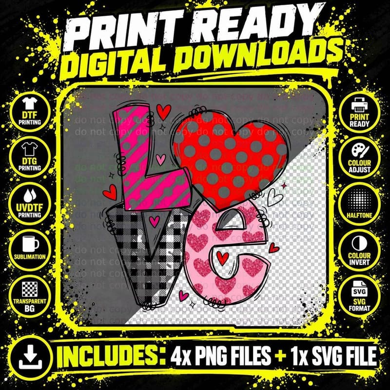 Text Love Multicolor Heart Pattern T-Shirt Png SVG Digital Bundle