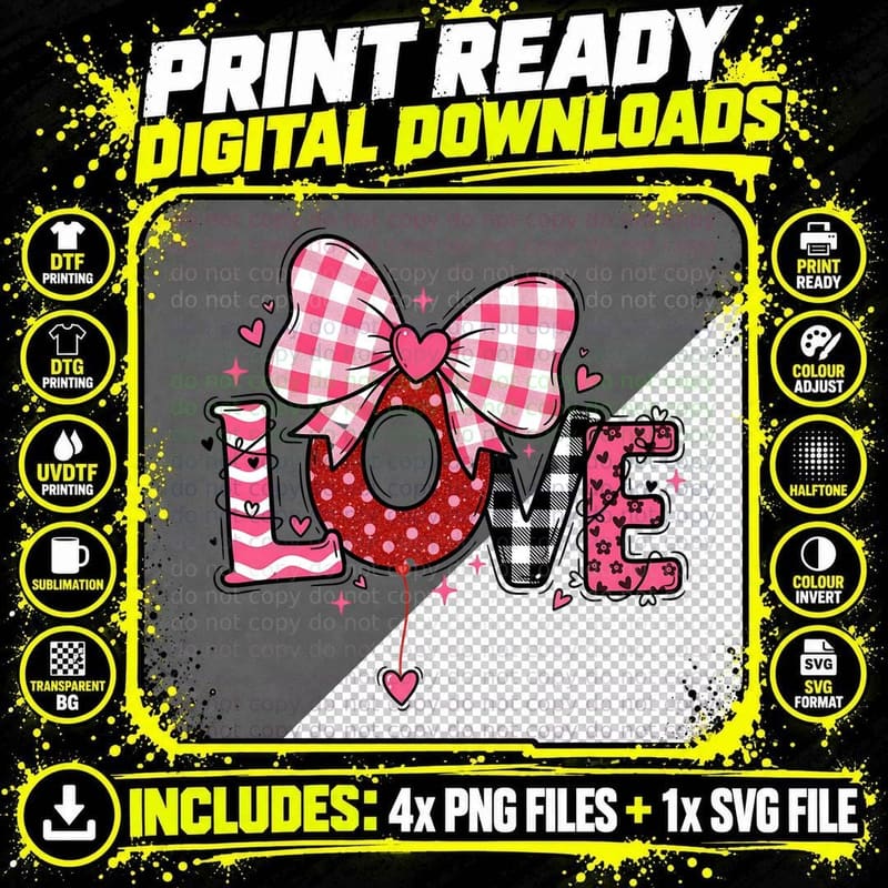 Text Love Polka Dot Pattern Bow Heart T-Shirt Png SVG Digital Bundle