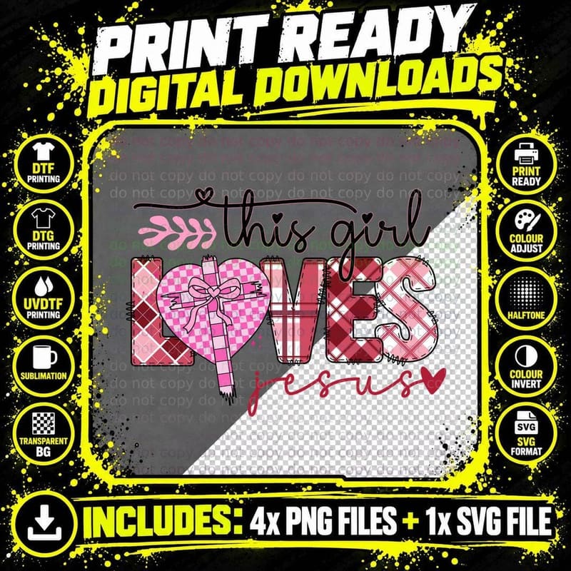 This Girl Loves Jesus Checkered Heart Bow Pink Valentine Png SVG Digital Bundle