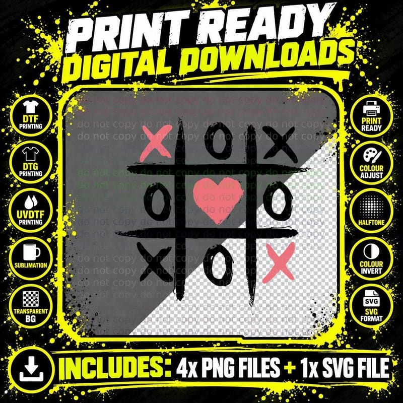 Tic Tac Toe Game Board with Heart Middle Playful Love Png SVG Digital Bundle