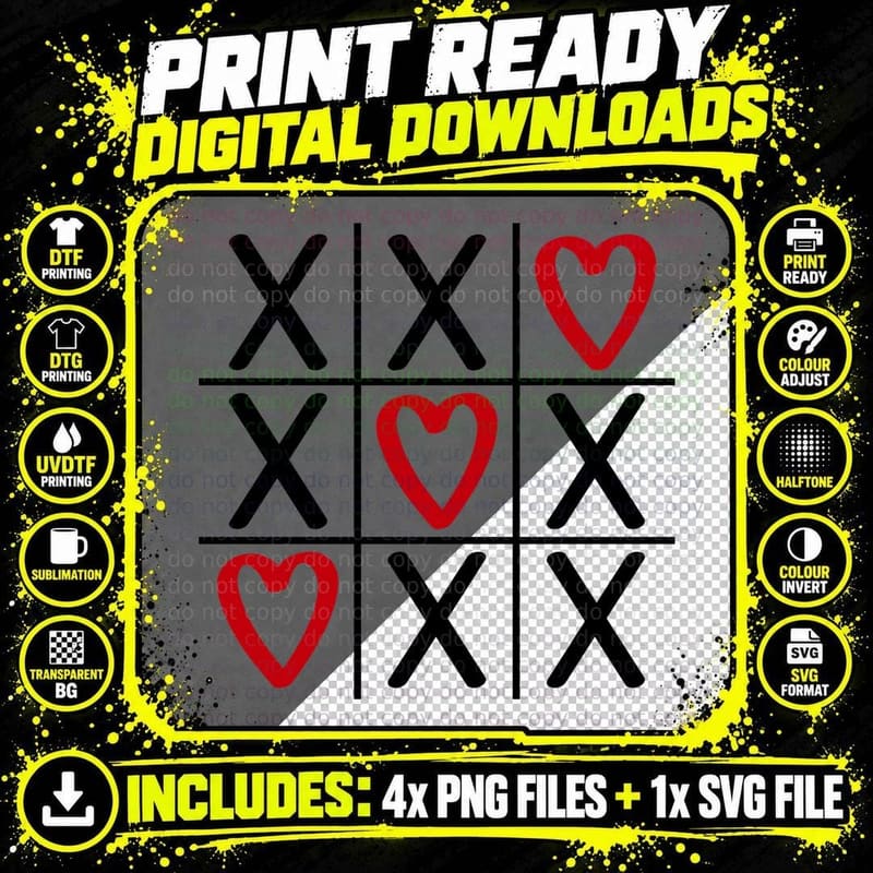 Tic-Tac-Toe Game X and O Board Red Hearts Playful Png SVG Digital Bundle