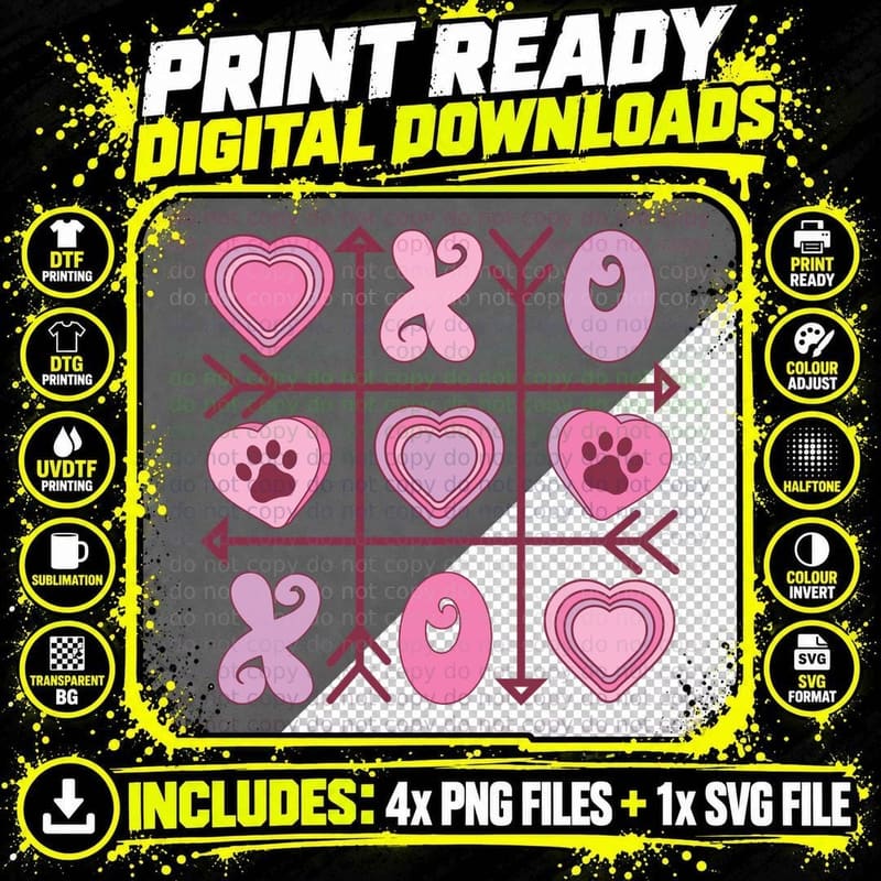 Tic-Tac-Toe Hearts Paw Heart Grid Valentine Puzzle Game Png SVG Digital Bundle