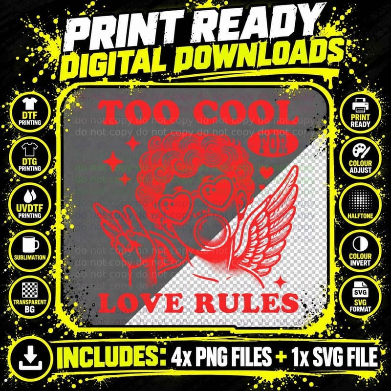 Too Cool for Love Rules Cupid Wings Text Red T-Shirt Png SVG Digital Bundle